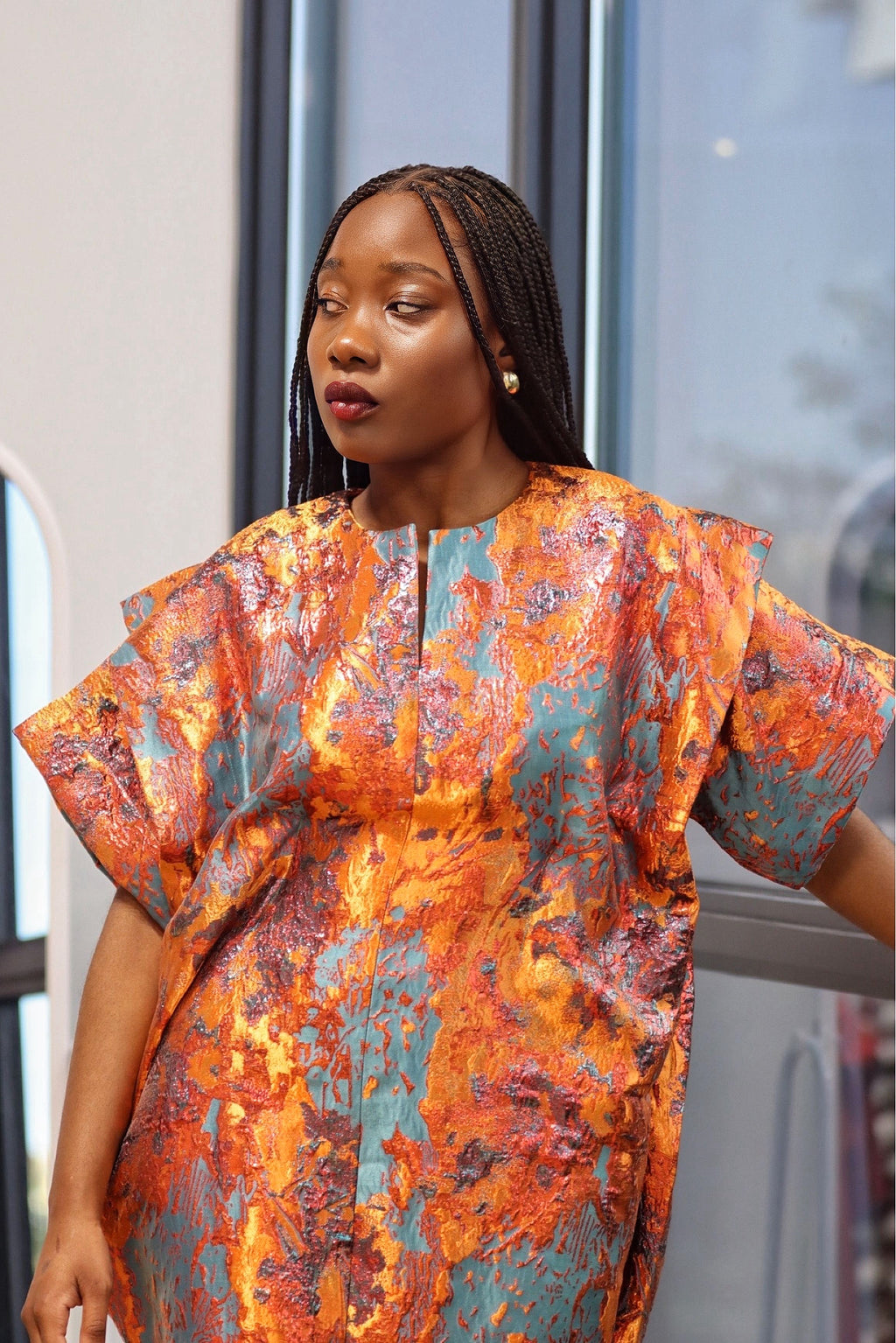 Elegant Brocade Dress with Inner Belt - Orange