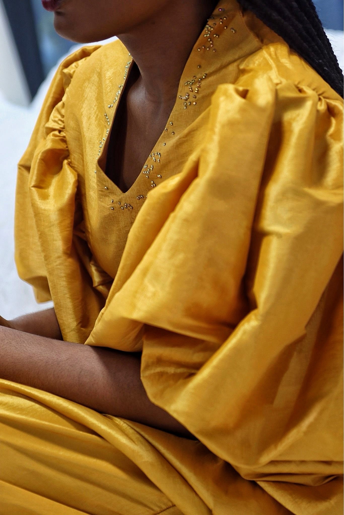 Elegant Brocade Dress with Inner Belt - Gold