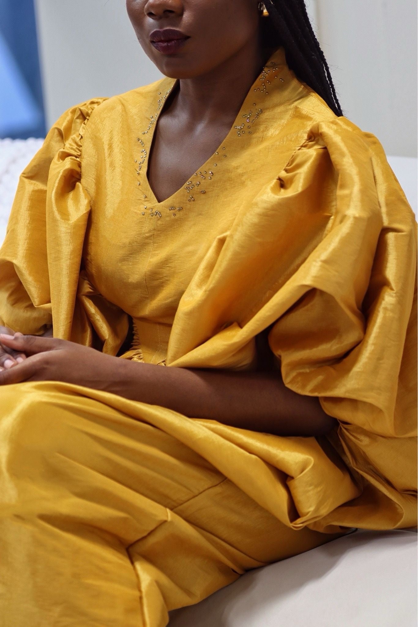 Elegant Brocade Dress with Inner Belt - Gold