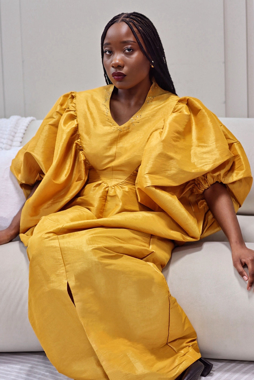 Elegant Brocade Dress with Inner Belt - Gold