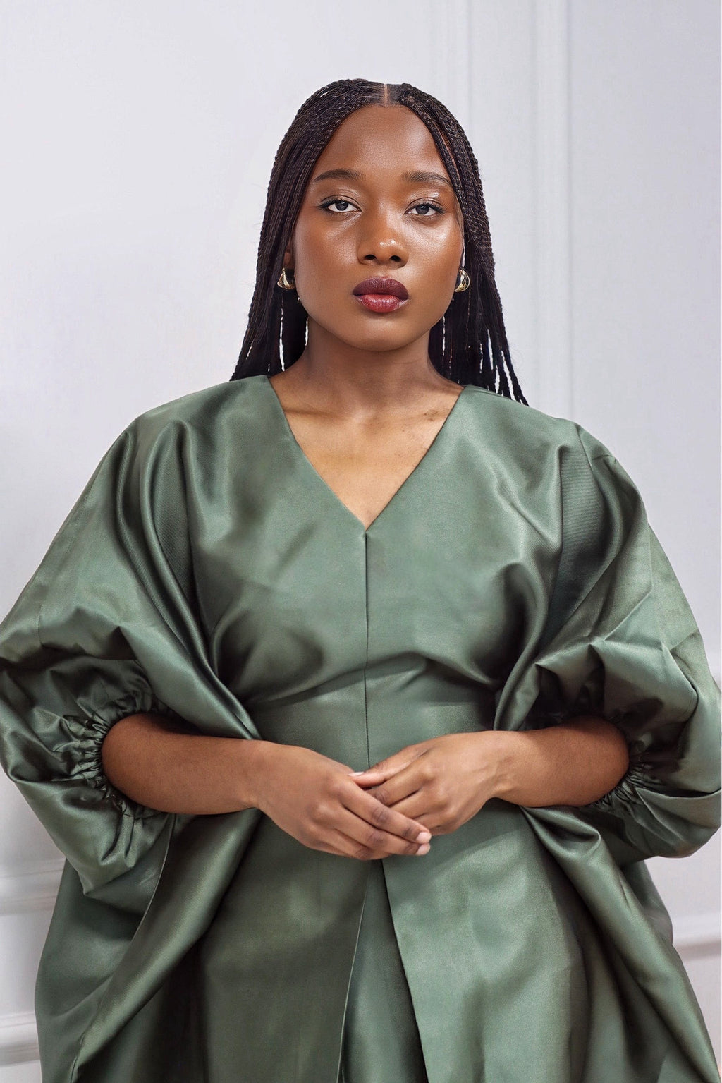 Elegant Brocade Dress with Inner Belt - Pine Green