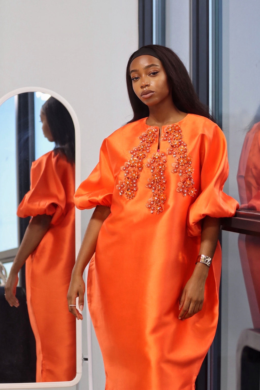 Luxury Handmade Bejeweled Mikado Dress - Orange