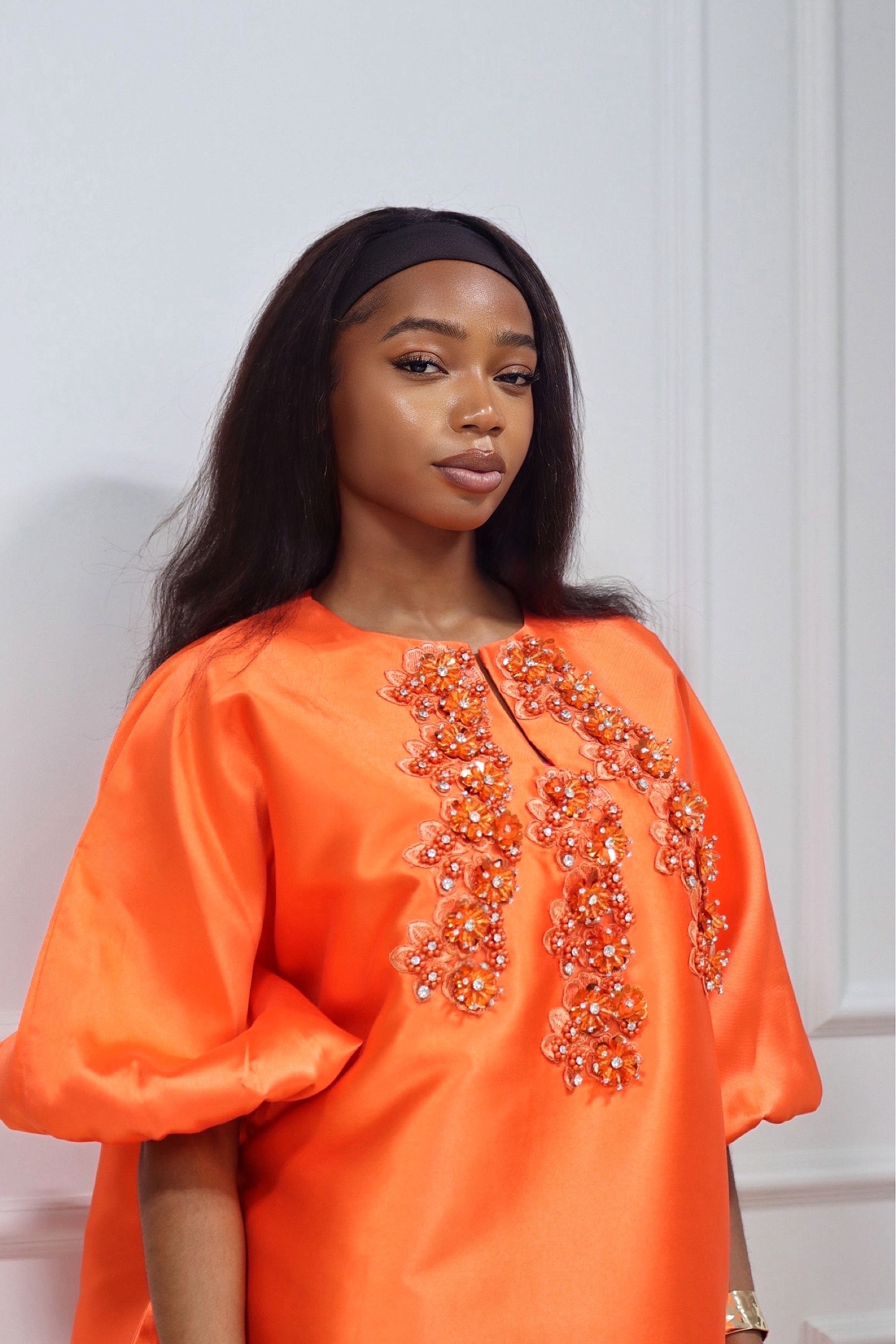 Luxury Handmade Bejeweled Mikado Dress - Orange