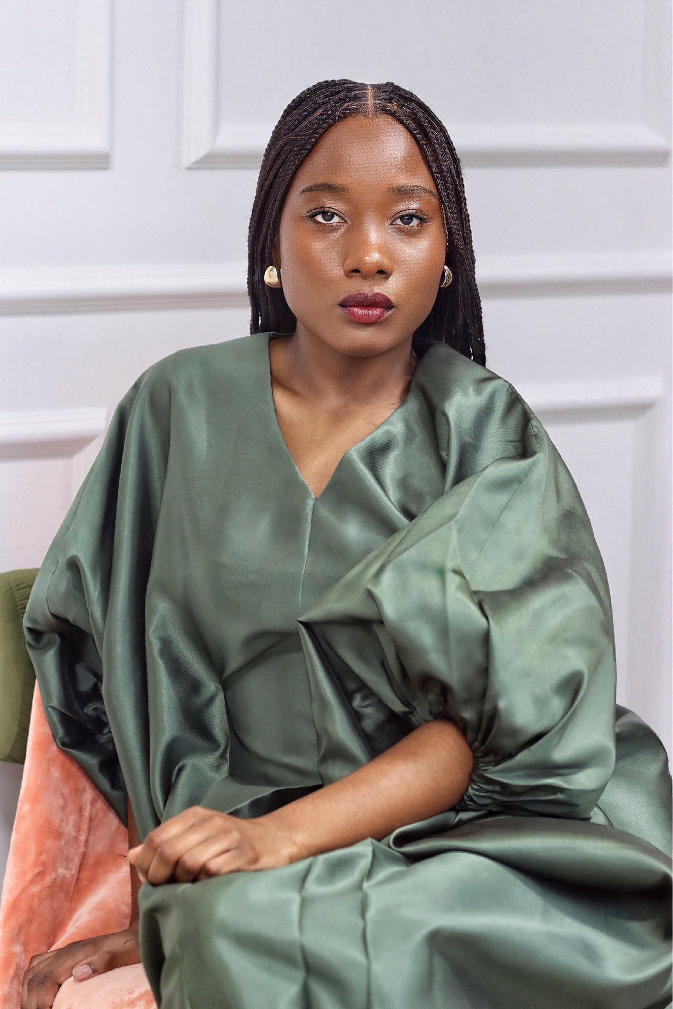 Elegant Brocade Dress with Inner Belt - Pine Green