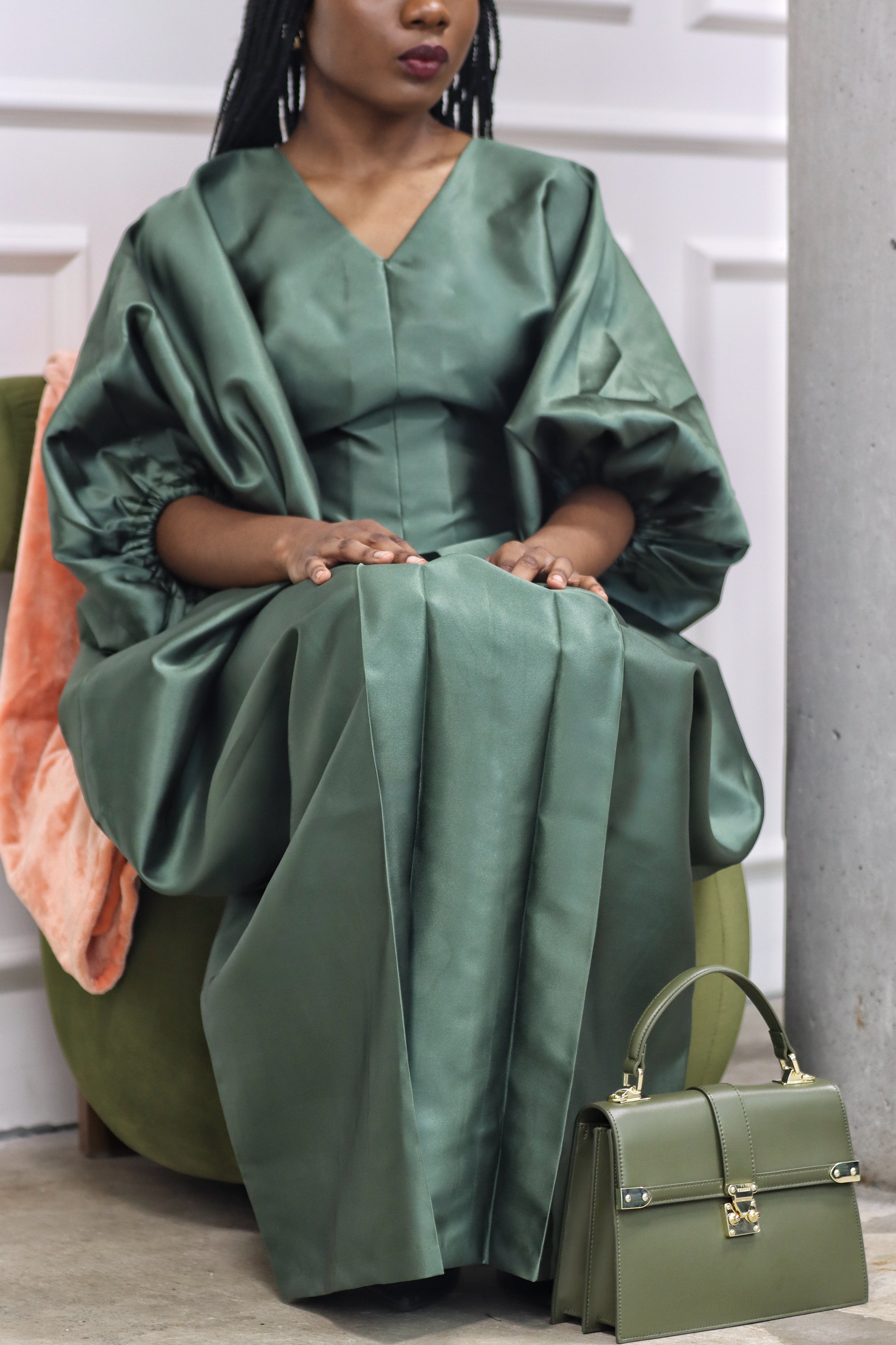 Elegant Brocade Dress with Inner Belt - Pine Green