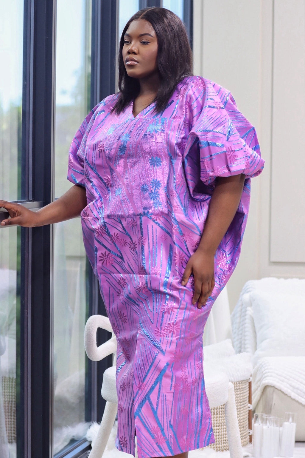 Elegant Brocade Dress with Inner Belt - Purple