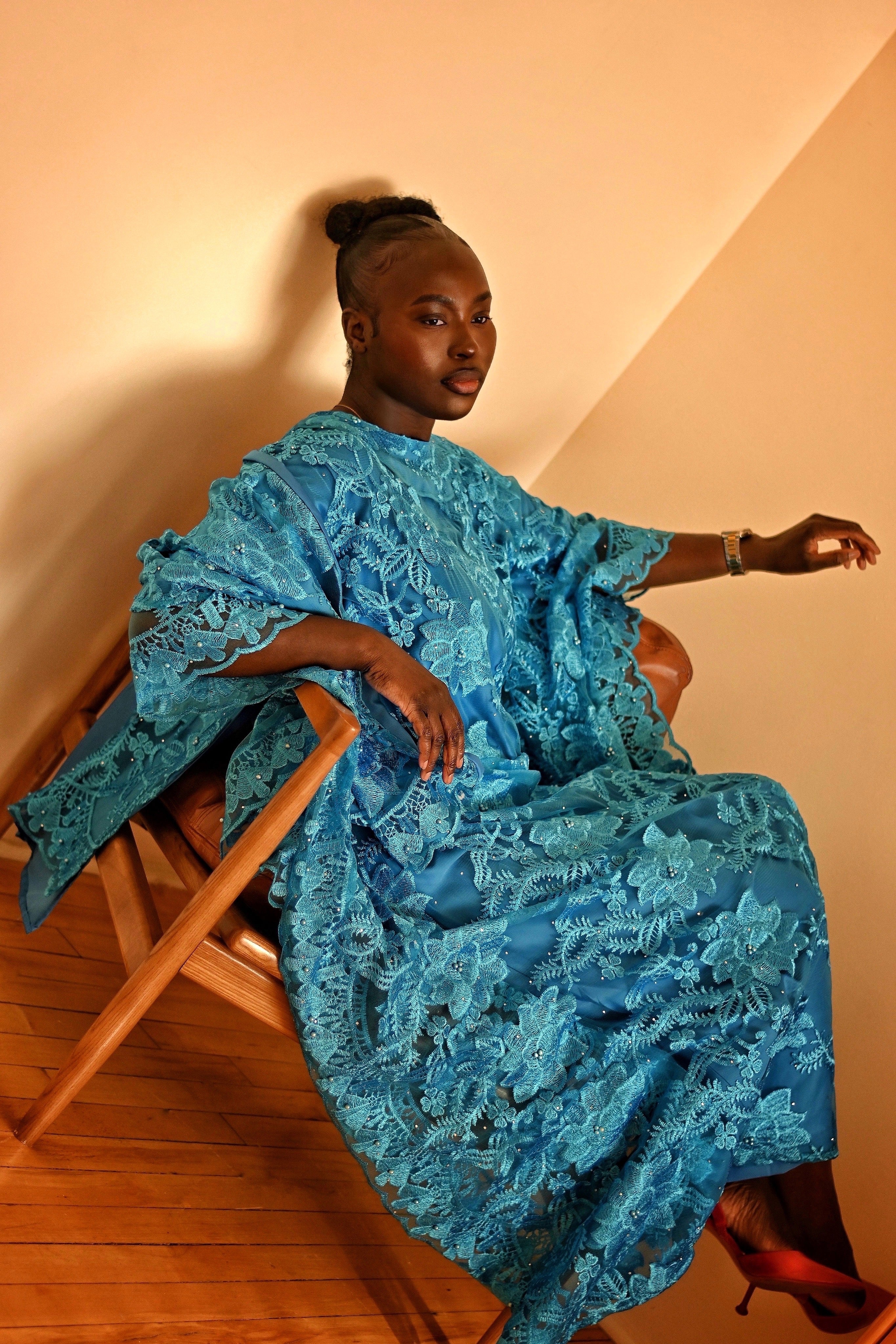 Luxury Hand Made Lace dress Boubou Blue