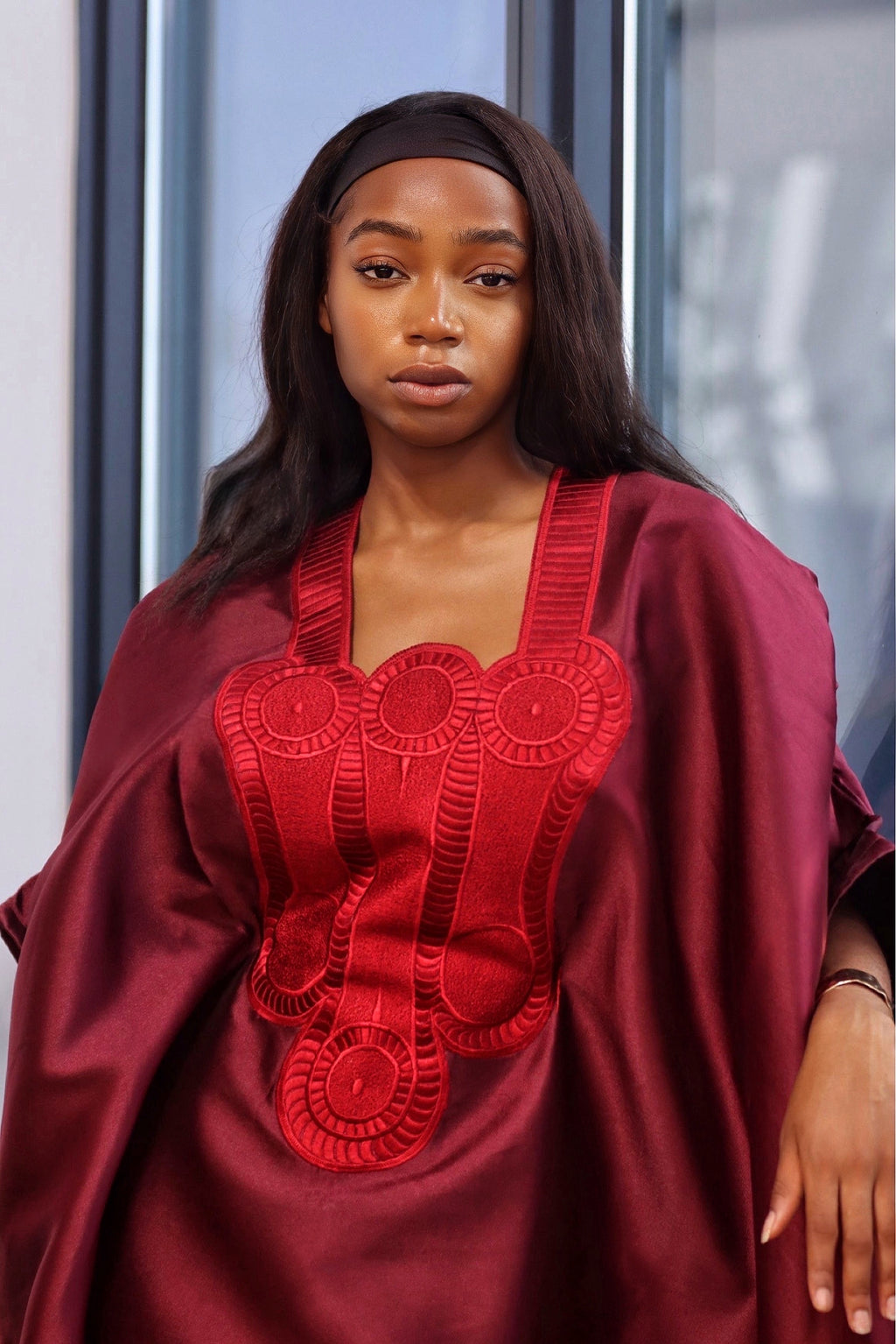 Luxury Embroidered Mikado Dress - Burgundy