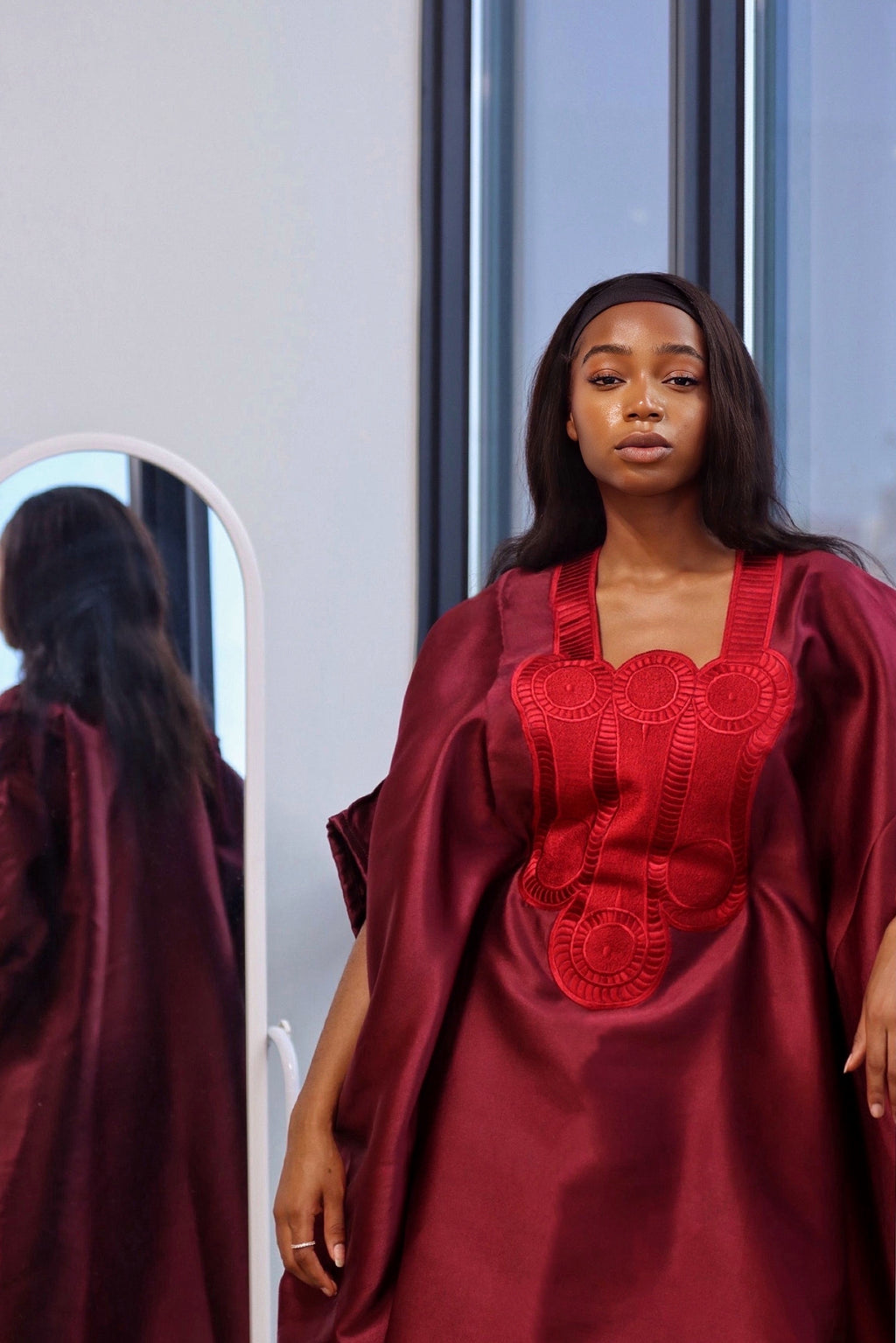 Luxury Embroidered Mikado Dress - Burgundy