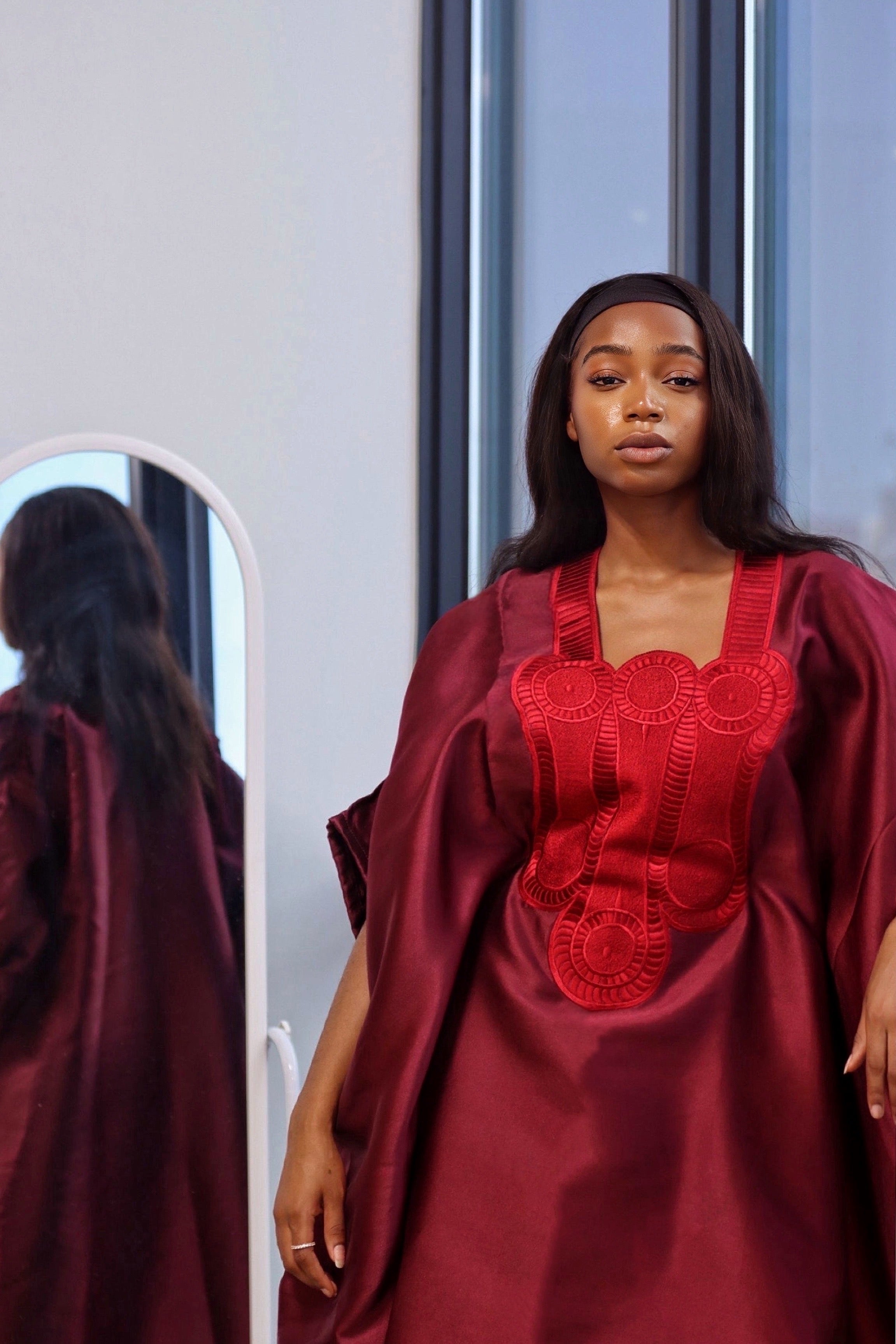 Luxury Embroidered Mikado Dress - Burgundy